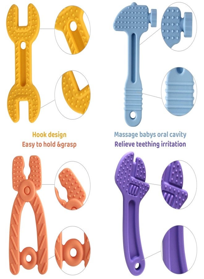 Yinghezu 4 Pack Chew Baby Teething Toys for 0-12 Months, Freezable BPA Free Silicone Baby Molar Teether Chew Toys, Hammer Wrench Spanner Pliers Shape Baby Girl's Boy Car Seat Toy - Image 3